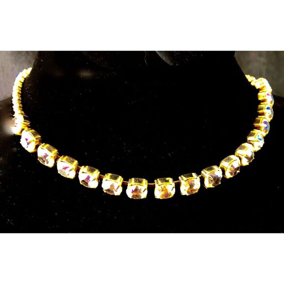 Vintage Gold-Tone, Aurora Borealis Crystal Rhinestone Necklace, 1950s, 15 inch - Picture 2 of 11